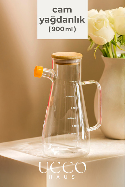 UCCO Borosilicate Glass Oil Pot 900 ml - Measured Healthy Glass Oil Bottle Kitchen Decanter with Bamboo Lid