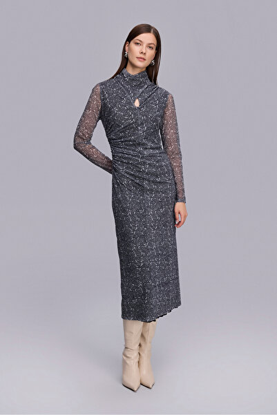 Naramaxx Şal Desen Büzgü Detaylı Uzun Elbise