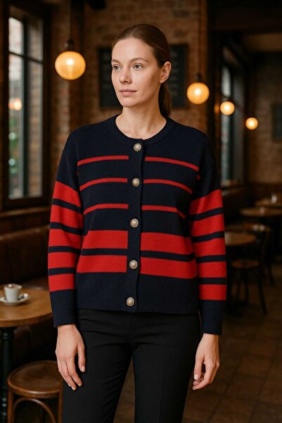 ŞIK VE MUTLU Red Striped Cardigan Suitable for Office and Casual Style