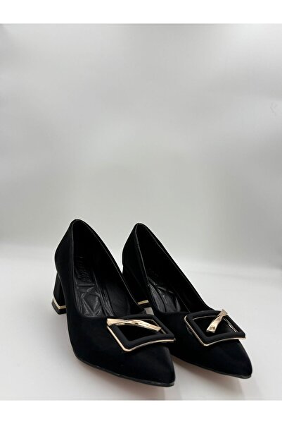 adelix Kadın Gold Tokalı Süet Fındık Topuk Stiletto Siyah