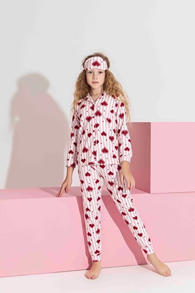 Tarık Women's Pink Heart Patterned Front Buttoned Mother-Daughter Combination Suede Velvet Winter Warm Pajama Set