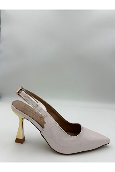 adelix Thin Gold Heel Single Strap Women's Stylish Stiletto Patent Leather Beige