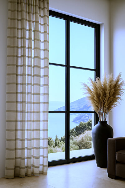 Ran Perde Şerit Desenli Keten Tül Perde- Kalın Dokulu - Sütlü Kahve - Pileli ...