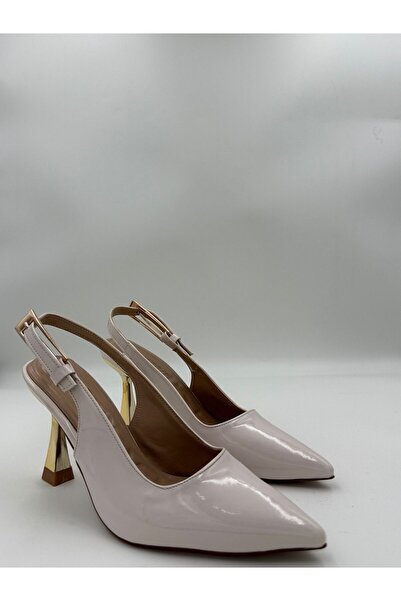 adelix Thin Gold Heel Single Strap Women's Stylish Stiletto Patent Leather Beige