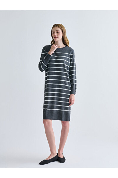LC Waikiki Anthracite Crew Neck Striped Knit Dress