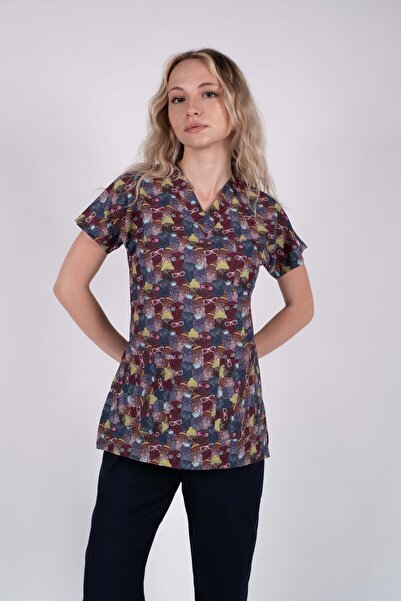 ACAR İŞ TEX Lycra Women's Owl Patterned Nurse and Doctor Uniform Single Top S...