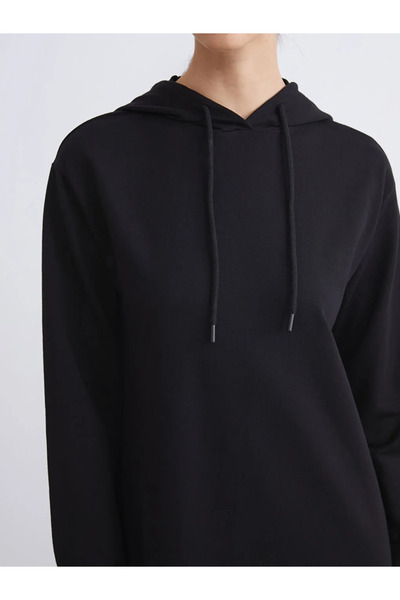 LC Waikiki LCW Modest Siyah Kapüşonlu Sweatshirt Elbise