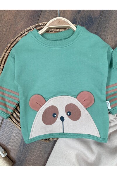 ADDA Cotton Teddy Bear Printed Sleeve Striped Ear Detailled Beret Cycling Collar 3-Piece Baby Boy Set