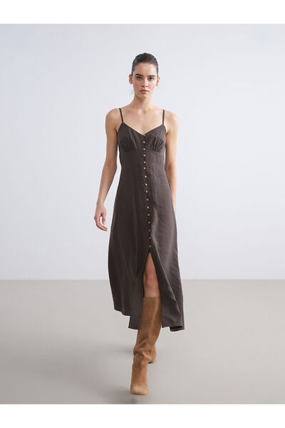 LC Waikiki Brown V-Neck Modal Blend Suspender Dress