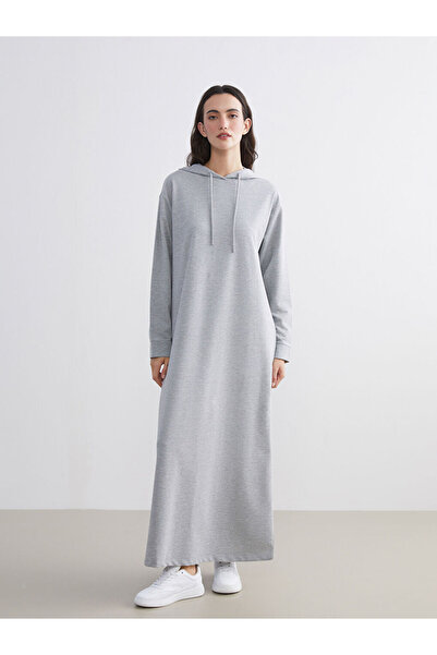 LC Waikiki Lcw Modest Gray Hooded Sweatshirt Dress