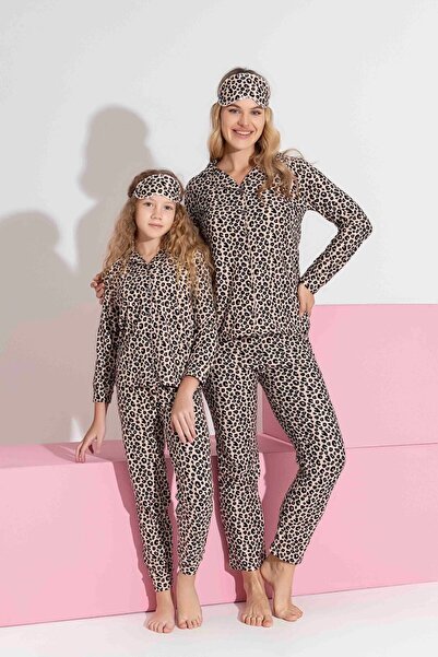 Tarık Women's Beige Leopard Patterned Front Buttoned Mother-Daughter Combination Suede Velvet Winter Warm Pajama Set