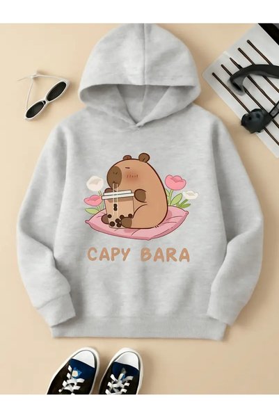 oneagılyazı Comfortable Hooded Sweatshirt with Cute Capybara and Flower Pattern