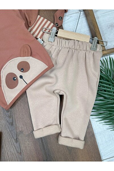 ADDA Cotton Teddy Bear Printed Sleeve Striped Ear Detailled Beret Cycling Collar 3-Piece Baby Boy Set