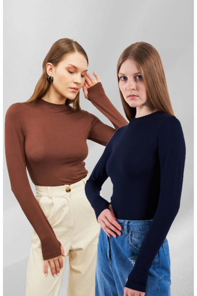 mısstresa boutıque Women's Brown Navy Blue Crew Neck Body with Finger Detail