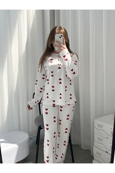 Lena Homewears Σετ πιτζάμες Berlin με κόκκινο σχέδιο καρδιάς εκρού με μισό πάτο