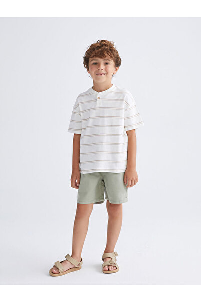LC Waikiki Beige Combed Cotton Striped Boy's T-Shirt
