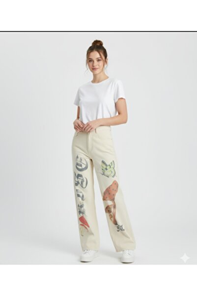 ARDSU Pantaloni de denim cu talie înaltă și picior lat, cu model de ciuperci ...