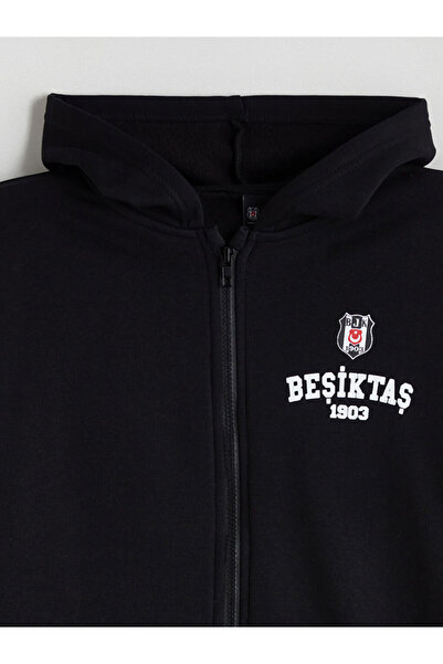LC Waikiki Siyah Kapüşonlu Baskılı Erkek Çocuk Fermuarlı Sweatshirt