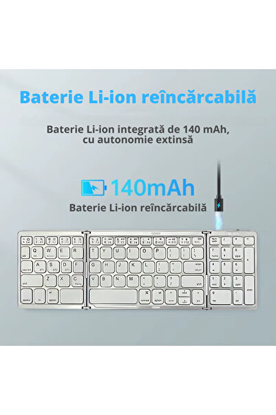 A ATAB Tastatura wireless pliabila, universala, tri-fold, cu mouse wireless cadou, Bluetooth multi-device
