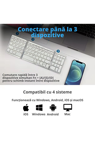 A ATAB Tastatura wireless pliabila, universala, tri-fold, cu mouse wireless cadou, Bluetooth multi-device