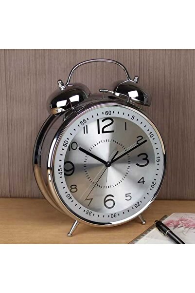 Generic ساعة منبه للطاولة مزودة بجرسين مع جرس معدني للاستيقاظ في غرفة النوم باللون الفضي