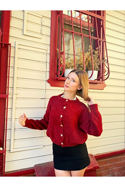 BELİS WEAR سترة تريكو نسائية ناعمة الملمس مع أزرار على شكل قلب