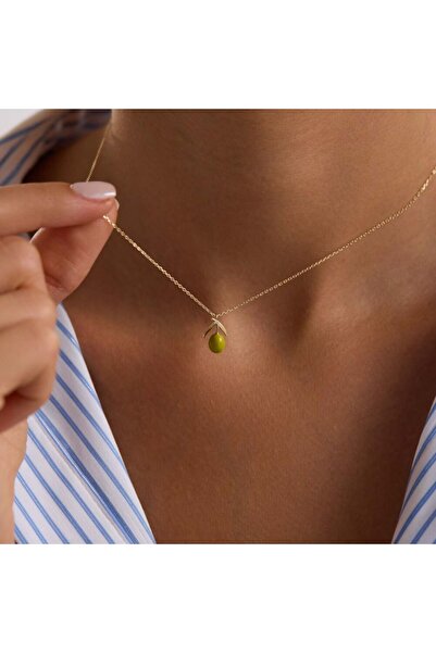 Sembol Gold Yeşil Zeytin Altın Kolye 45 cm