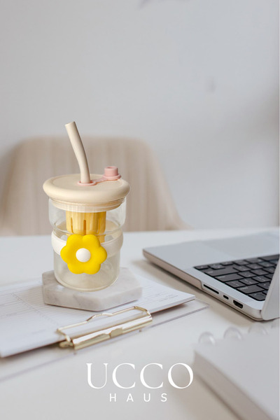 UCCO 500ml Daisy Patterned Glass Detox Thermos Flask Cup with Straw - Milk, Water, Soft Drink, Lemonade Cup
