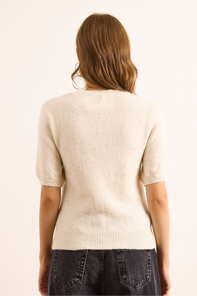 Olalook Women's Ecru Thread Sequin Crop Soft Textured Knitwear Blouse Blz-19003093