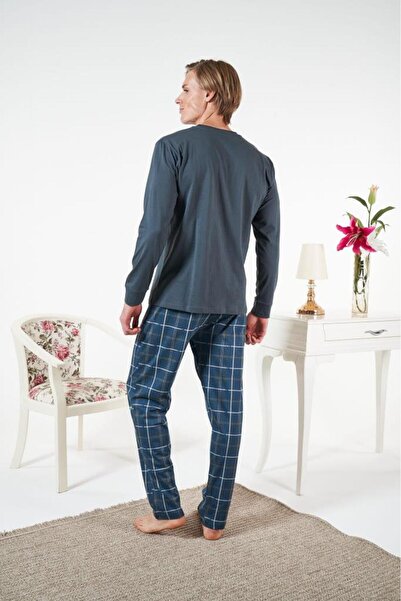 Estiva Men's Winter Plaid Combed Cotton Single Jersey Pajama Set Petrol