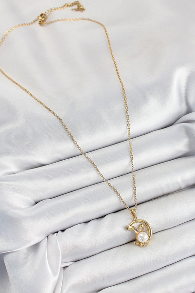 Lisinya قلادة نسائية من الفولاذ 316L بتصميم أرنب هلالي مع تفاصيل اللؤلؤ بلون ...