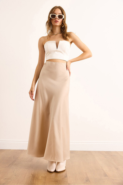 Olalook Fusta maxi din satin cu fermoar lateral, bej, pentru femei ETK-19000351