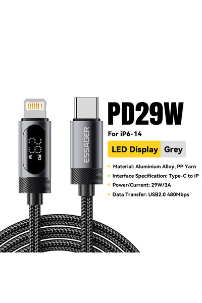 essager كابل USB-C رمادي بطول مترين لشاشة رقمية، متوافق مع أجهزة iPhone 14 و1...