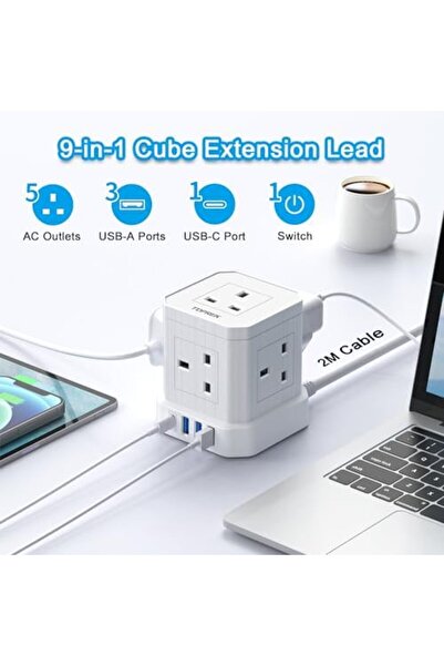 Generic ممدد كهربائي TOPREK Cube مع منافذ USB، موزع كهربائي بخمسة منافذ