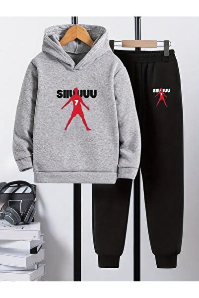 Cevval Children's Printed Hooded Sweatshirt and Sweatpants Set 3 Thread Raster for Autumn/Winter