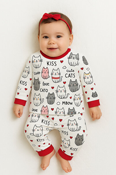 BABİDO "Bebek Uzun Kollu Pamuklu Pijama Takımı – Sevimli Kedi Desenli, Kırmızı Detaylı"