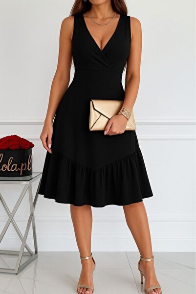 Monapera Kadın Askılı Kruvaze Yakalı Eteği Volanlı Fırfırlı Krep Elbise