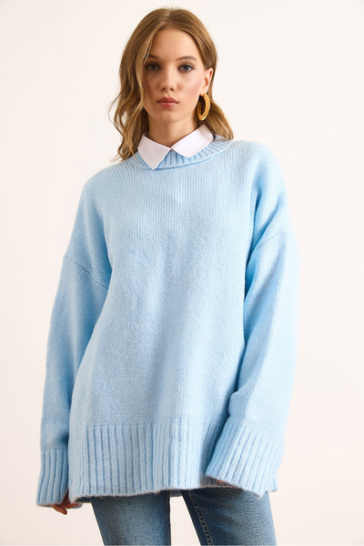 Olalook Pulover tricotat oversize pentru femei, albastru bebeluș, cu bandă groasă, cu gâtul rotund KZK-19000988