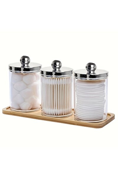 Choice Silver 3 Piece Bathroom Organizer - Cotton Swab Holder, Acrylic Apothecary Jar with Lid, Round Cotto