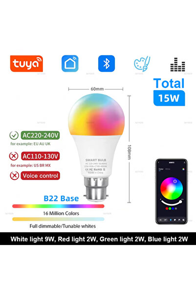 Choice نعم تيار متردد 220-240 فولت قاعدة B22 إجمالي 15 واط مصابيح LED بلوتوث Tuya قابلة للتعتيم 15 واط 18 واط E27 B22 220 فولت RGBCW