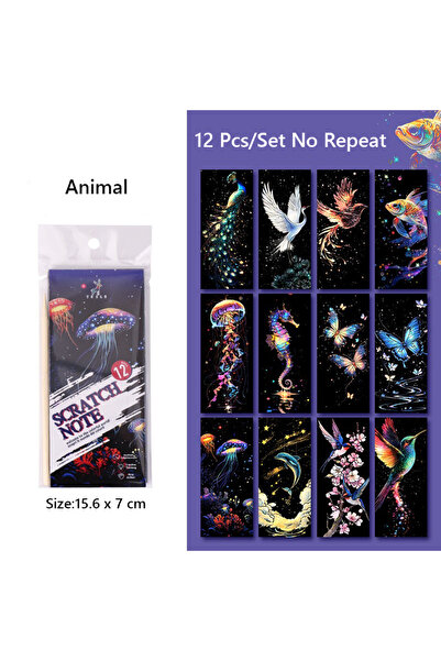 Choice 15.6 cm x 7.0 cm Animal 12 Pcs/Set DIY Scratch Painting Animal Bookmarks Colorful for Kids Portable