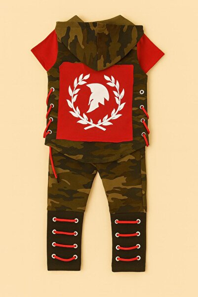 KOKOŞ BEBEK Camouflage Patterned Boy's 3-Piece Combination – Hooded Vest, T-Shirt and Sweatpants