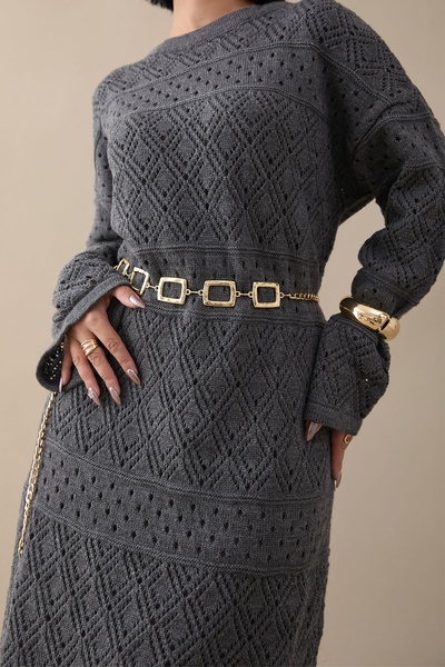 InStyle Patterned Openwork Anthracite Knitwear Dress