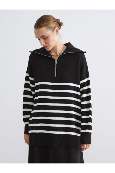 LC Waikiki Lcw modest ecru striped women's knit tunic with high collar