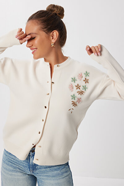 Lovelyİstanbul Embroidered Beaded Knitwear Cardigan Lnx0006 Cream