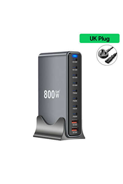 Choice شاحن GaN 800 واط بمقبس بريطاني USB C سريع مكتبي 10 منافذ USB من النوع ...