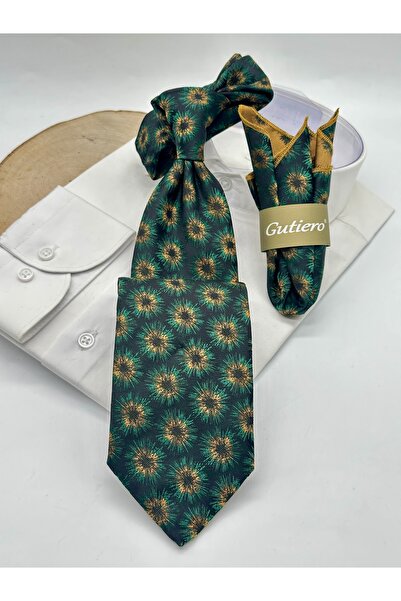 Gutiero Класическа вратовръзка с зелено-жълта кърпичка с мотиви