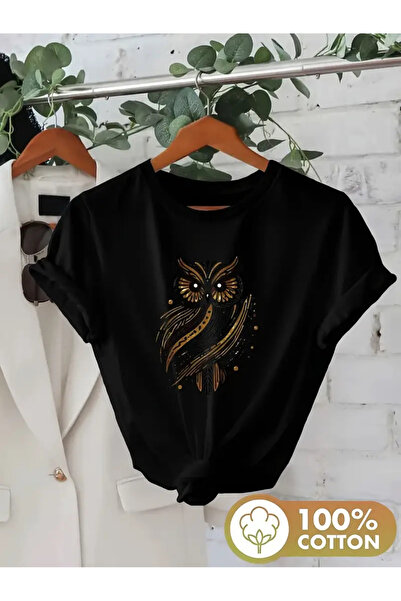 l'eivor Tricou din bumbac pentru femei cu imprimeu minimale de bufniță