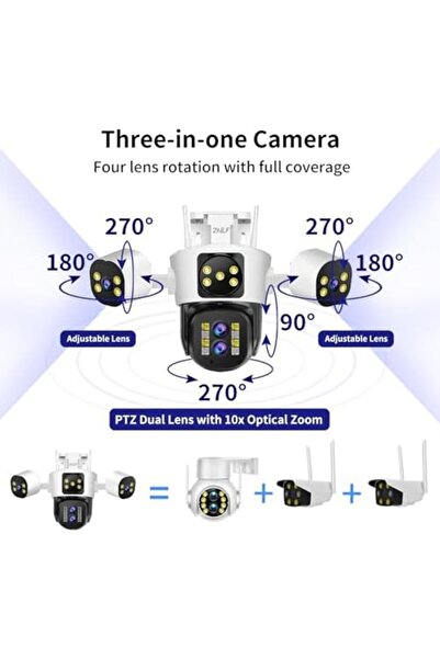 Generic 2NLF 4MP Outdoor Security Camera with 4 Lenses, PTZ Security Camera Wireless with 360° View, 10X Zo