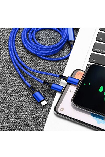 Choice كابل شحن 3 في 1 عالي الجودة بطول 1.2 متر باللون الأزرق شاحن سريع Micro USB Type-C منفذ USB متعدد Char